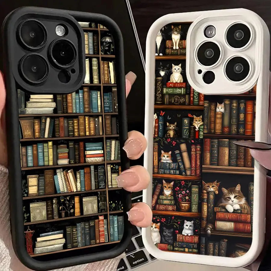 Vintage Bookshelf Kitten Phone Case for iPhone 11, 12, 13, 14, 15, and 16 Pro Max - Soft Silicone Shockproof Cover