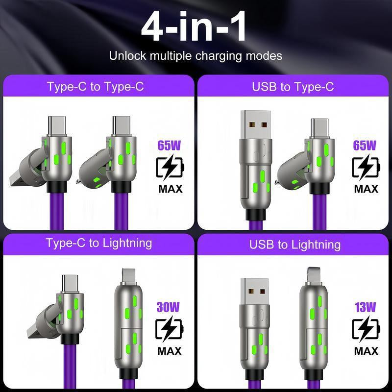[Buy 1 Get 1 Free]-6.6Ft 4-In-1 USB-C Cable, PD Fast Charging, Data Sync, USB-A, Type-C, Lightning, Aluminum, Compatible