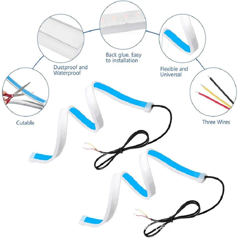 2Pcs 12V LED DRL Car Daytime Running Light Flexible Waterproof Strip Auto Headlights White Turn Signal Yellow Brake Flow Lights