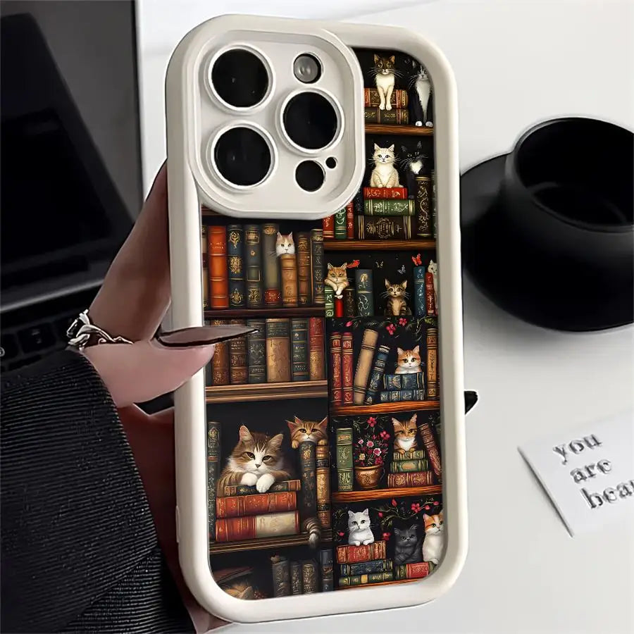 Vintage Bookshelf Kitten Phone Case for iPhone 11, 12, 13, 14, 15, and 16 Pro Max - Soft Silicone Shockproof Cover