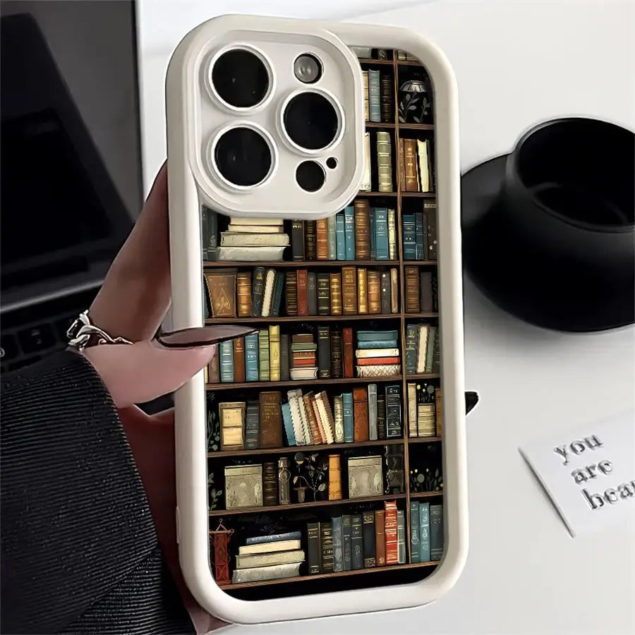 Vintage Bookshelf Kitten Phone Case for iPhone 11, 12, 13, 14, 15, and 16 Pro Max - Soft Silicone Shockproof Cover