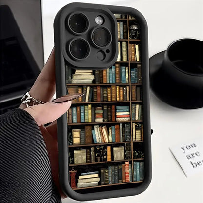 Vintage Bookshelf Kitten Phone Case for iPhone 11, 12, 13, 14, 15, and 16 Pro Max - Soft Silicone Shockproof Cover