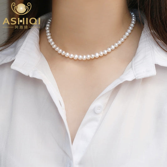 ASHIQI 天然淡水珍珠颈链 925 纯银项链 女士珠宝 2022 礼物 新款时尚