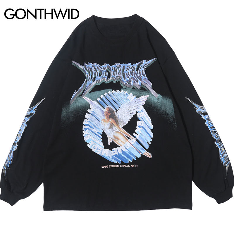 GONTHWID Creative 3D Angel Print Long Sleeve Tees Shirts Streetwear Hip Hop Hipster Casual Loose Tshirts Men Fashion Tops
