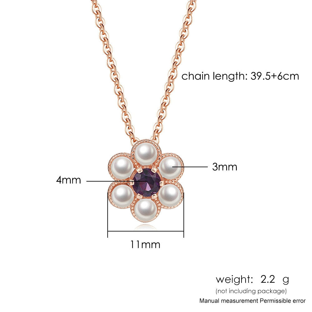 LAMOON S925 Silver Necklace For Women Little Flower Pendant Amethyst Gemstone 18k Rose Gold Plated Fine Jewelry LMNI043