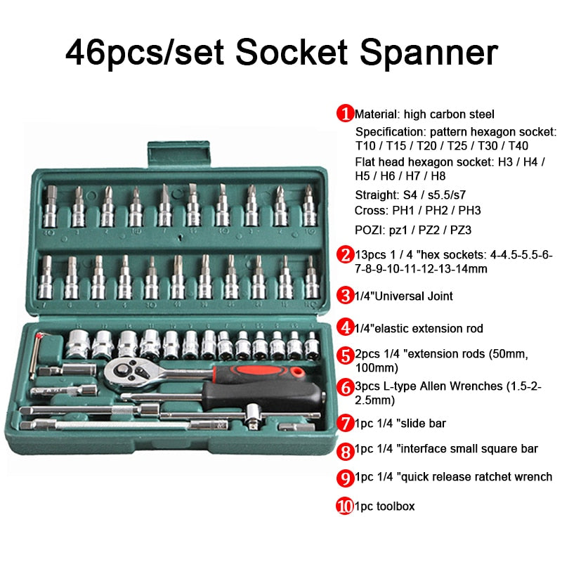 46pcs Socket Ratchet Car Repair Tool Wrench Set Head Ratchet Pawl Socket Spanner Screwdriver Professional Metalworking Tool Kit