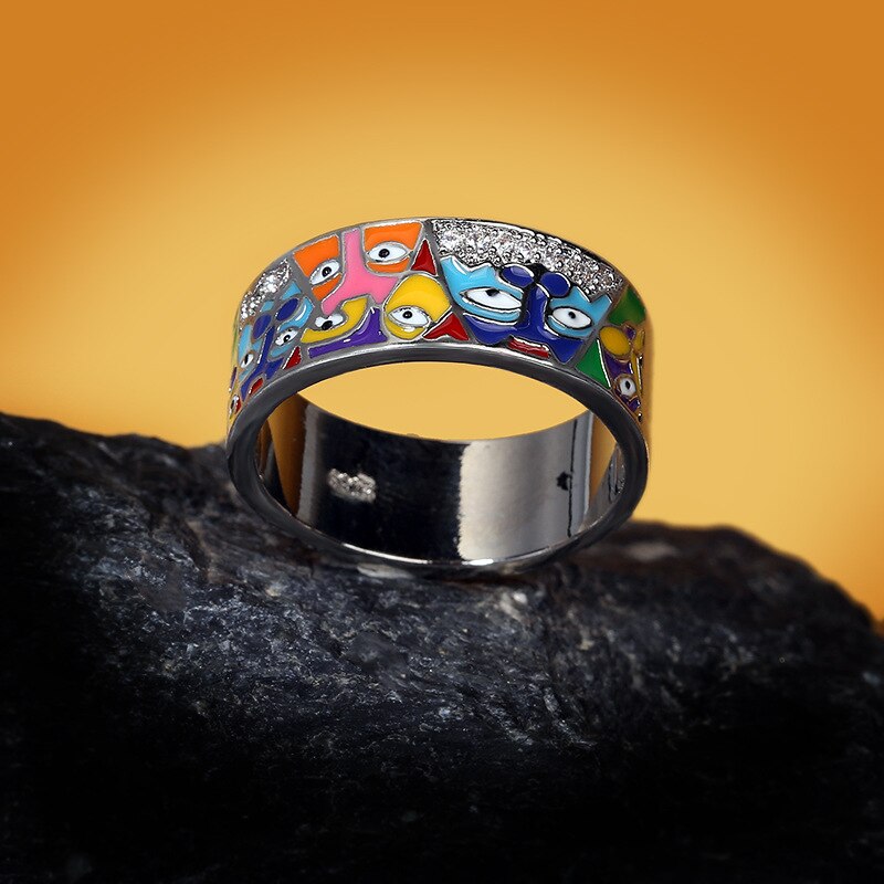 For Women 925 Sterling Silver White CZ Handmade Enamel Lovely Cat Unique Trendy Ring Party Fashion Jewelry