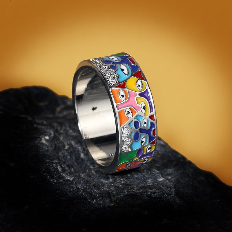 For Women 925 Sterling Silver White CZ Handmade Enamel Lovely Cat Unique Trendy Ring Party Fashion Jewelry
