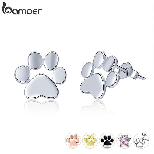 BAMOER 925 Sterling Silver Animal Dog Cat Paw Stud Earrings for Women Footprints Valentine's Day Gift SCE407