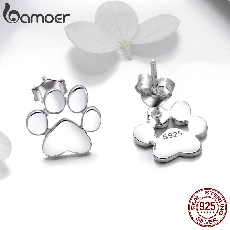 BAMOER 925 Sterling Silver Animal Dog Cat Paw Stud Earrings for Women Footprints Valentine's Day Gift SCE407