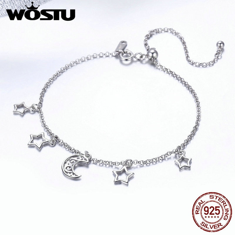 WOSTU 热销正品 925 纯银星星和月亮链可调节手链女士女孩 S925 银饰礼物 CQB107 