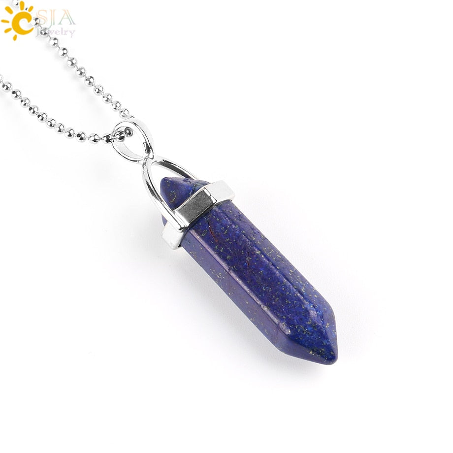 CSJA Real Raw Pink Purple Gem Crystals Necklace Hexagonal Bullet Reiki Chakra Natural Stone Necklace Pendant Women Jewelry E056