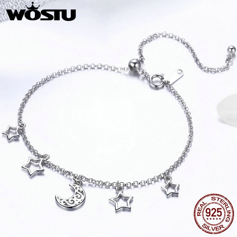 WOSTU Hot Sale Real 925 Sterling Silver Stars & Moon Chain Adjustable Bracelet For Women Girl S925 Silver Jewelry Gift CQB107