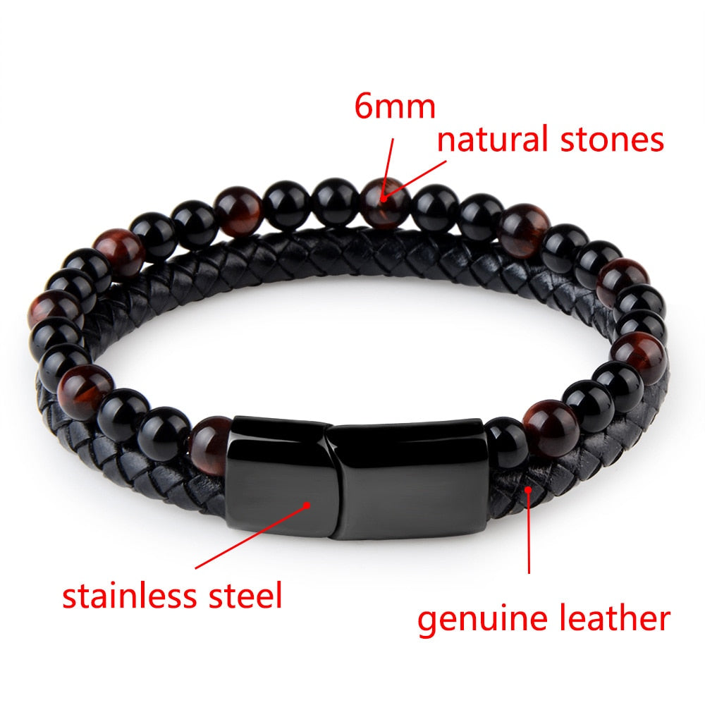 Natural Stone Bracelets Genuine Leather Braided Bracelet Black Stainless Steel Magnetic Clasp Tiger eye Bead Bangles Men Jewelry