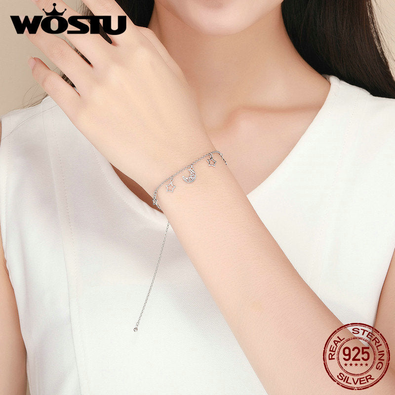 WOSTU Hot Sale Real 925 Sterling Silver Stars & Moon Chain Adjustable Bracelet For Women Girl S925 Silver Jewelry Gift CQB107