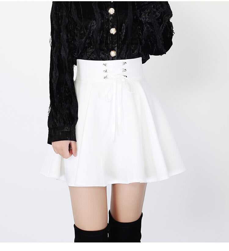 Autumn Winter Harajuku Punk Style Black and White High Waisted Lace-Up Sexy A-shaped pleated Charming Plus size Skirt Short