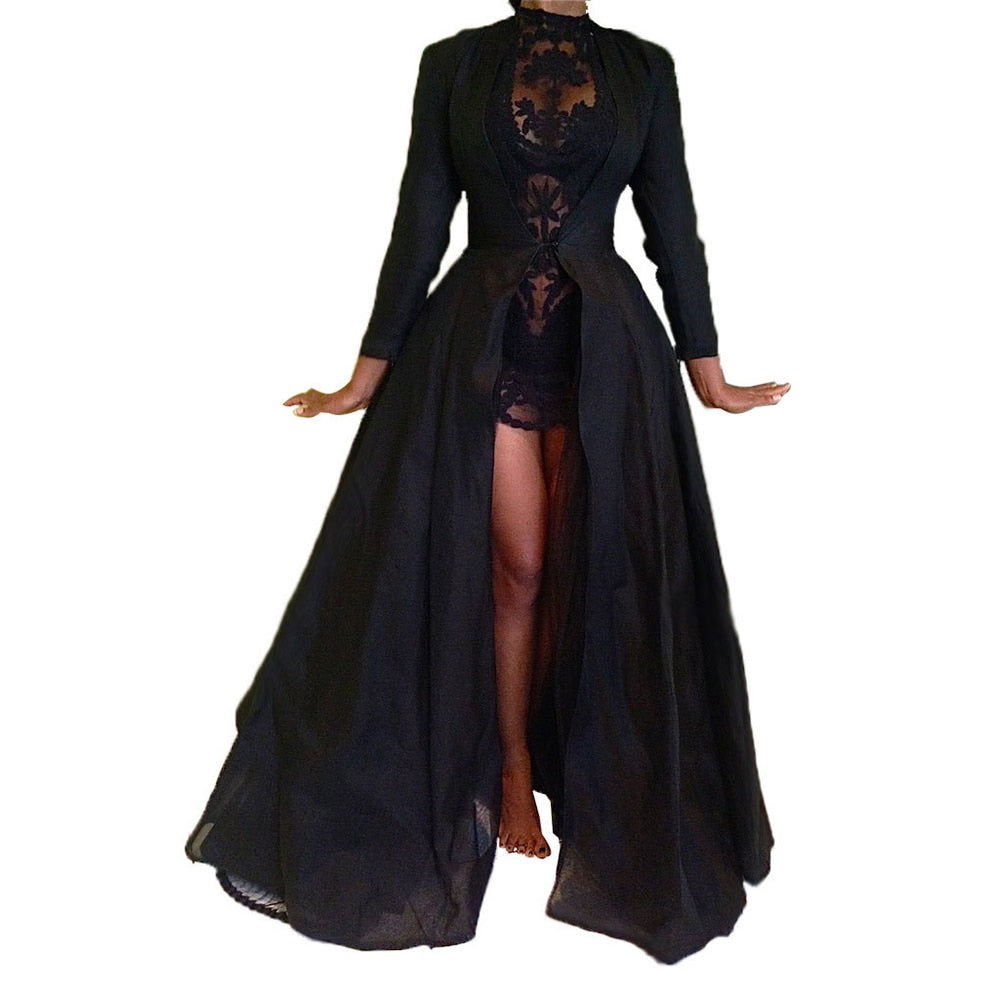 2022 New High Quality Sexy Gothic Lace High Waist Sheer Jacket Long Dress Gown Party Costume Lady Autumn Dress Black