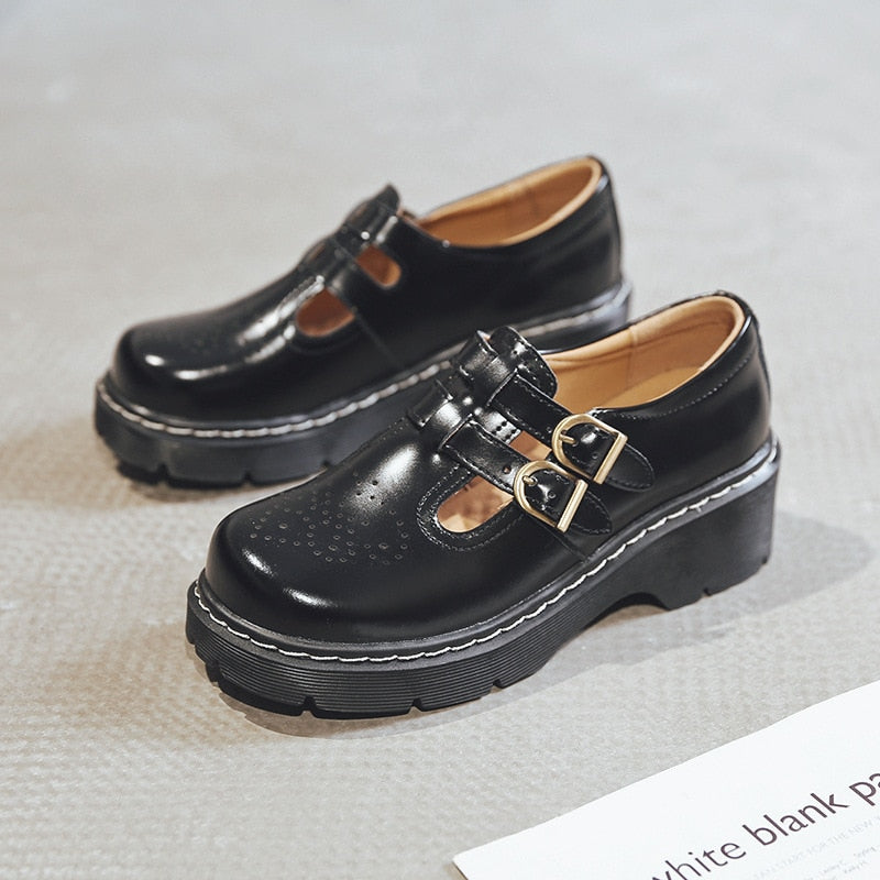 QPFJQD Japanese Literary Retro Lolita Women Pumps Mary Janes Shoes Round Toe Student Girl Platform T-Strap Buckle Bullock Shoes