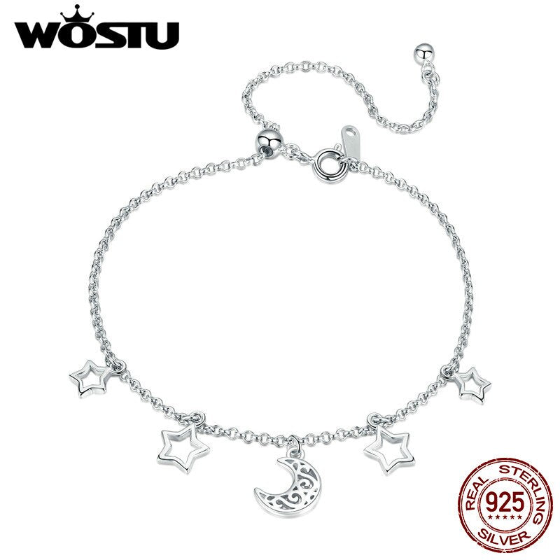 WOSTU 热销正品 925 纯银星星和月亮链可调节手链女士女孩 S925 银饰礼物 CQB107 