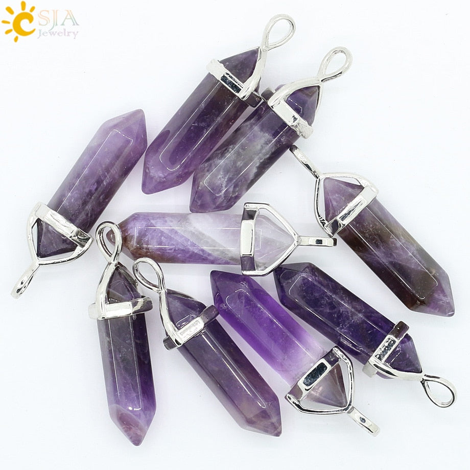 CSJA Real Raw Pink Purple Gem Crystals Necklace Hexagonal Bullet Reiki Chakra Natural Stone Necklace Pendant Women Jewelry E056