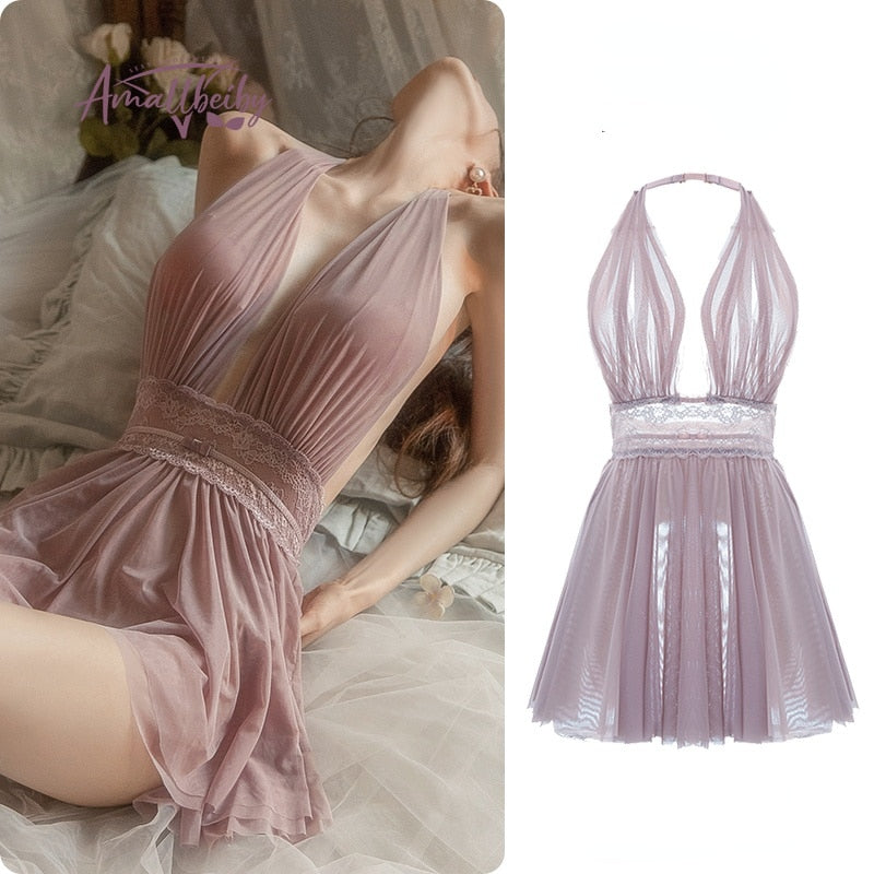Beautiful Back Lace Gauze Sleeping Dress Temptation White Sexy Mesh Hanging Neck Fairy Backless Tulle Perspective Nightdress