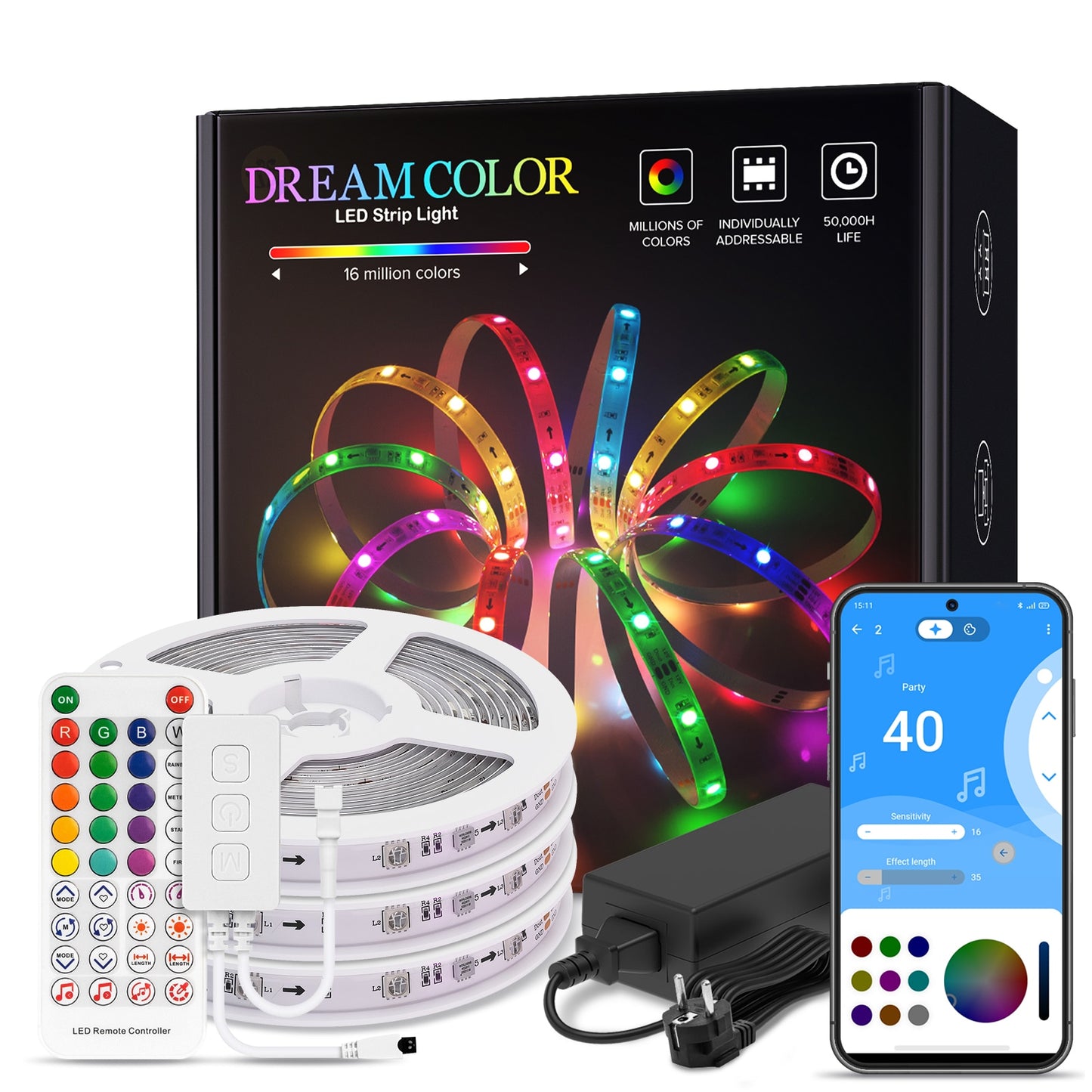 Dreamcolor LED Light Strip Bluetooth Music APP Control WS2811 WS2812B RGBIC Flexible Led Strip Room Bedroom Party Kitchen 5m-20m
