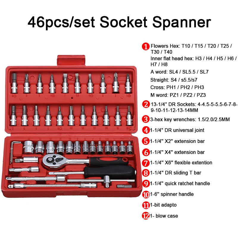 46pcs Socket Ratchet Car Repair Tool Wrench Set Head Ratchet Pawl Socket Spanner Screwdriver Professional Metalworking Tool Kit
