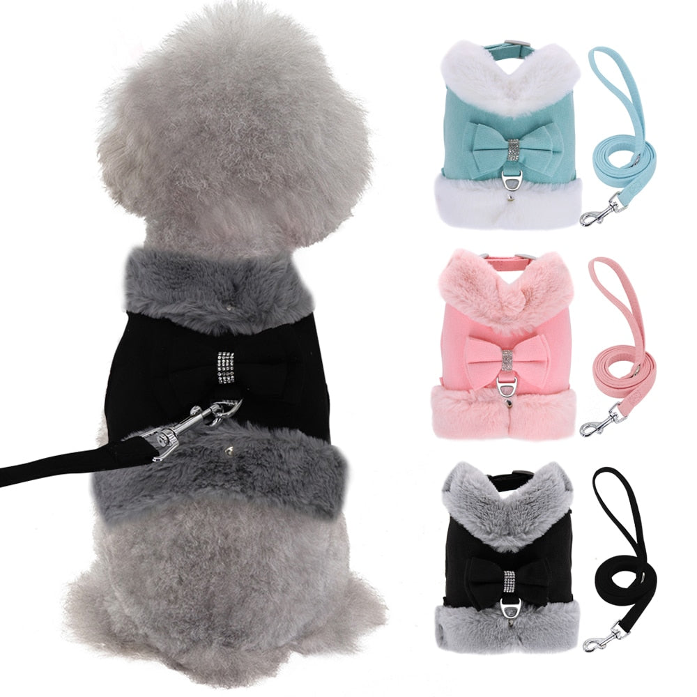 Puppy Dog Harness and Leash Warm Fur Padded Dogs Cat Vest Harnesses With Matching Lead Rope Bowtie Accessories For Autum Winter