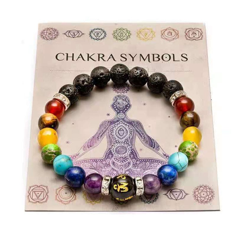 7 脉轮手链带含义卡，适合男士女士天然水晶疗愈焦虑珠宝曼陀罗瑜伽冥想手链礼物