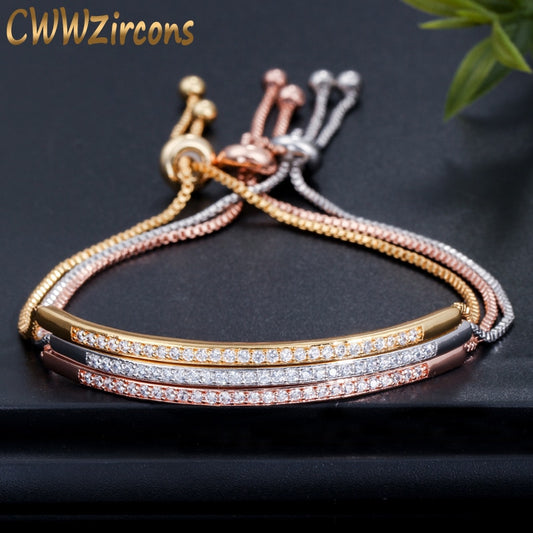 CWWZircons 可调节手链手镯女式迷人条形滑块璀璨 CZ 玫瑰金色珠宝 Pulseira Feminia CB089 