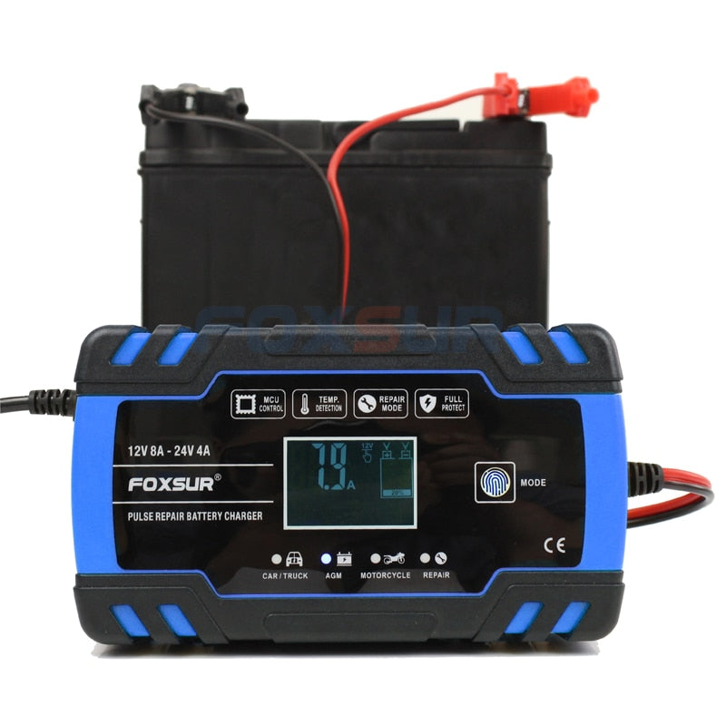 FOXSUR 12V 24V 8A Car Motorcycle Battery Charger ,Lead Acid AGM GEL WET Smart Battery Charger, Pulse Repair Battery Charger