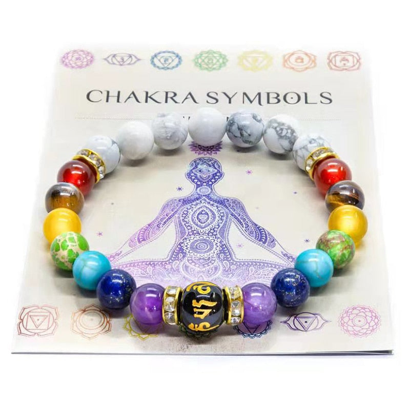 7 脉轮手链带含义卡，适合男士女士天然水晶疗愈焦虑珠宝曼陀罗瑜伽冥想手链礼物