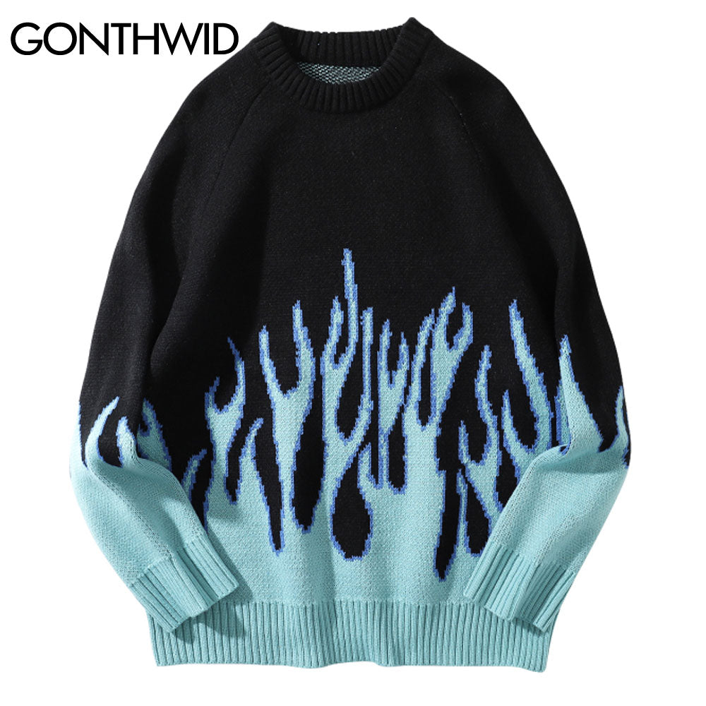 GONTHWID Hip Hop Sweaters Fire Flame Knitted Sweater Jumpers Streetwear Harajuku 2022 Mens Fashion Casual Pullover Tops Coats