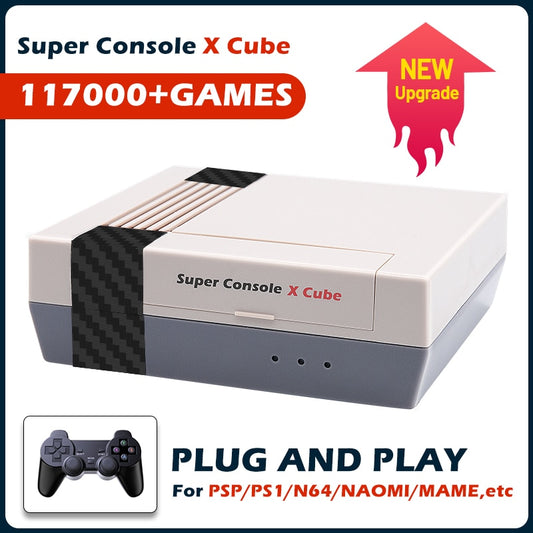 复古视频游戏机超级游戏机 X Cube 适用于 PS1/PSP/DC/街机电视盒游戏玩家，配备 117000 款经典游戏 4K 高清显示屏