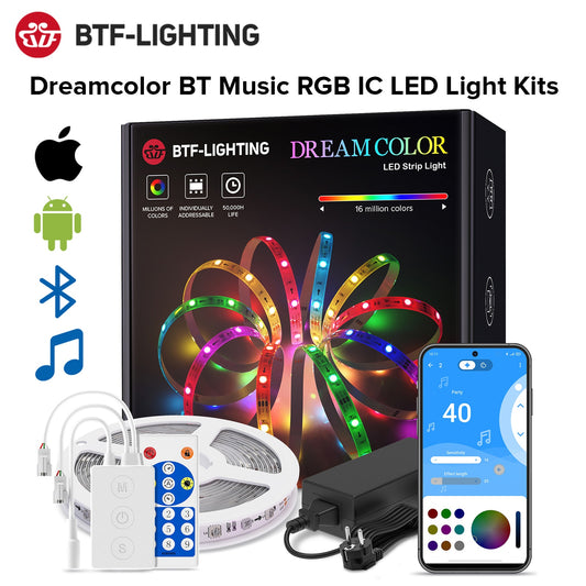 Dreamcolor LED 灯带蓝牙音乐 APP 控制 WS2811 WS2812B RGBIC 柔性 LED 灯带房间卧室派对厨房 5m-20m