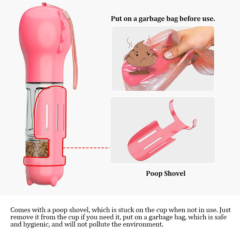 KOMMILIFE Portable Cat Dog Water Bottle Food Feeder Drinker Poop Dispenser 3 In 1 Leak-proof Multifunctional Dog Waterer Bottle