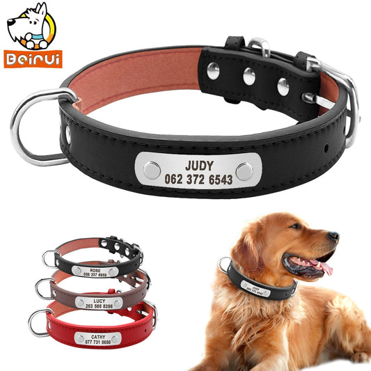 PU Leather Dog Collar Durable Padded Personalized Pet ID Collars Customized for Small Medium Large Dogs Cat Red Black Brown