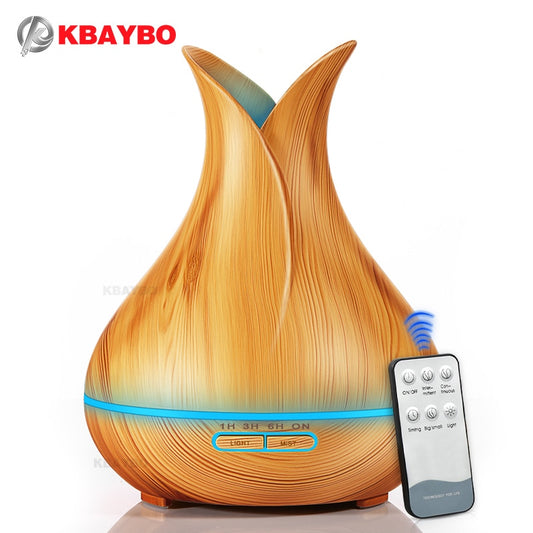 KBAYBO 400ml 芳香精油扩散器超声波空气加湿器带木纹 7 色变色 LED 灯适用于办公室家庭
