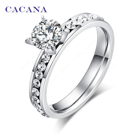 CACANA  Stainless Steel Rings For Women Circle CZ Personalized Custom Fashion Jewelry