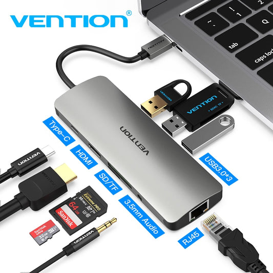 Vention Thunderbolt 3 Dock USB-C 集线器 Type C 转 HDMI USB 3.0 RJ45 适配器适用于 MacBook Samsung S8/S9 Huawei P20 Pro USB C 适配器