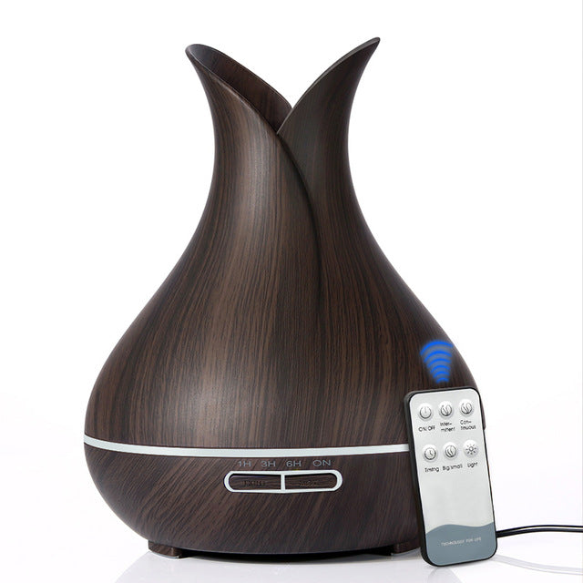 400ml Ultrasonic Air Humidifier Aroma Essential Oil Diffuser with Wood Grain 7 Color Changing LED Lights for Bedroom Living Room